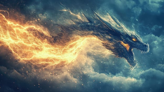 A powerful dragon emerges from turbulent clouds, exhaling bright flames that illuminate the darkening sky. The creature's fierce presence commands attention as it soars above.