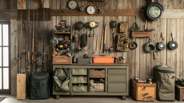 A rustic cabin features a well-organized storage setup for fishing gear, tools, and accessories on a wooden wall. Fishing rods, tackle boxes, and accessories are neatly arranged for easy access.