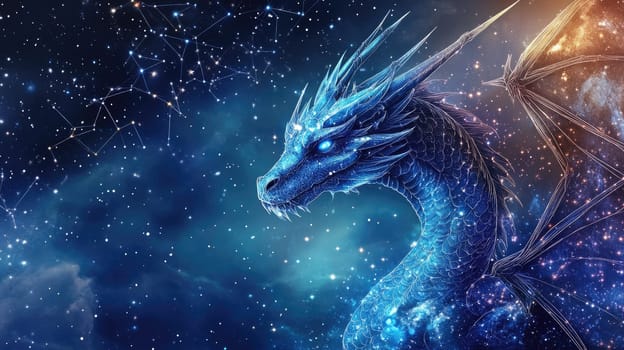 The powerful blue dragon glides through a vast, star-filled cosmos, showcasing vibrant details and ethereal features, capturing the essence of fantasy and the magnificence of the universe.