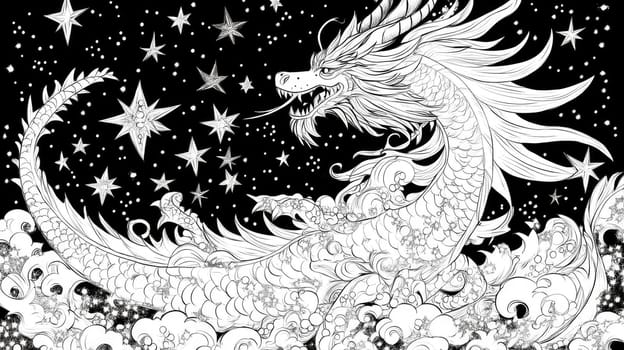 A detailed illustration depicts a dragon gracefully gliding through swirling clouds, surrounded by twinkling stars against a dark backdrop. The artwork showcases fine lines and textures.