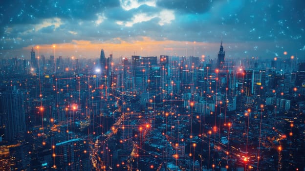 A stunning skyline view captures a bustling city at dusk, illuminated by countless bright lights as rain creates a shimmering effect across the landscape, enhancing the urban beauty.