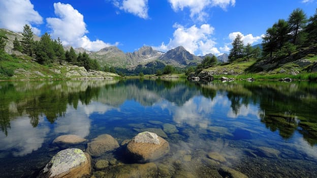 A calm mountain lake sits amidst lush greenery, with clear blue skies and fluffy clouds reflected in the water. Large rocks border the lake, enhancing the peaceful atmosphere of the landscape.