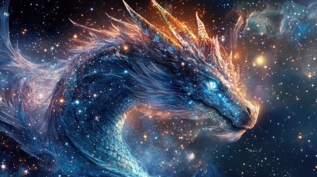 A magnificent blue dragon glides gracefully through a vibrant galaxy, surrounded by twinkling stars and colorful nebulae, showcasing the beauty of the cosmos at night.