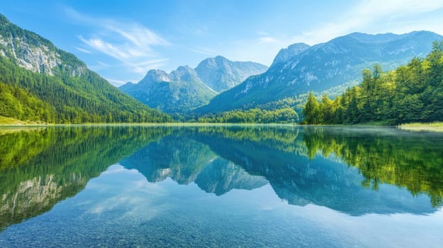 A serene mountain lake showcases the stunning reflections of surrounding peaks and trees under a bright blue sky. The calm waters create a perfect mirror of the vibrant landscape.