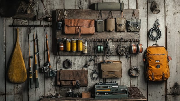 Fishing rods, reels, and tackle boxes are neatly organized on a rustic wooden wall, showcasing outdoor adventure gear. A variety of bags and equipment are also featured.