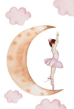 Ballerina watercolor. Hand drawn incredible girl dancer in pink tutu skirt on the moon. Clip art on isolated white background of cute ballet beauty. Perfect for poster and cards, princess daughter room design. High quality illustration