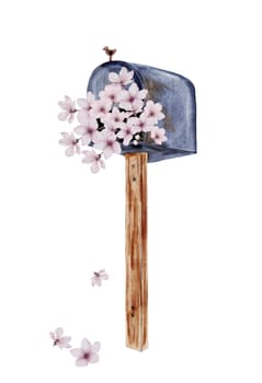 Mail watercolor. Vintage blue letter container mailbox on a wooden stand with cherry blossoms. Isolated clip art on white background. Ideal for postcards for Postal Day, Postal Worker. High quality illustration