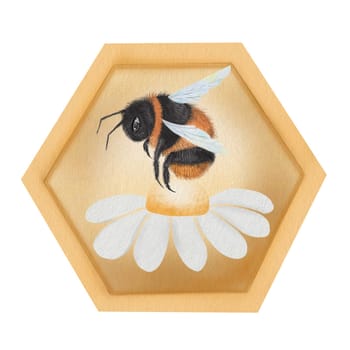 Honey bee watercolor. Hand drawn bumblebee with a flower on isolated white background. Clip art of garden insect. Ideal for farm honey logo, banner and natural cosmetics and food. High quality illustration