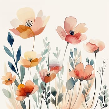 Delicate flowers in soft hues of pink, orange, and yellow bloom amidst gentle green foliage, creating a tranquil and harmonious floral arrangement.