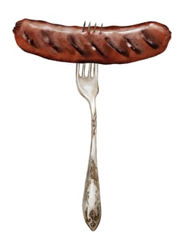 Sausage on a fork watercolor. Hand drawn hot dog on isolated white background. Clipart of grilled sausage. Food illustration. Ideal for posters and menus of restaurants, bars. Oktoberfest postcard. High quality illustration