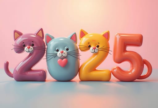 Playful numbers 2025 formed by colorful toy kittens, symbolizing the new year with a fun and creative twist. Perfect for holiday designs
