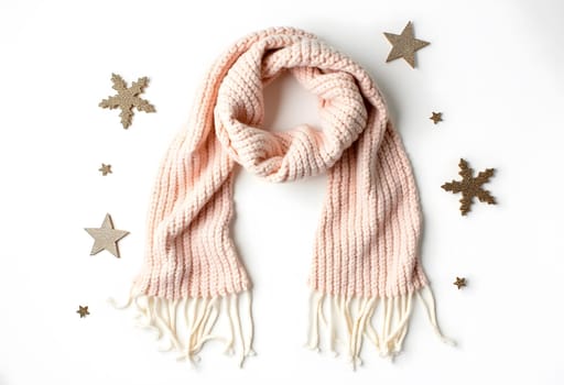 Cheerful pink scarf adorned with festive Christmas ornaments, set against a crisp white background, perfect for adding a playful touch to holiday fashion
