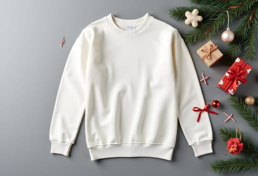 A cozy white long sleeve shirt surrounded by Christmas cards and festive ornaments, set against a sleek gray background, perfect for holiday fashion and decor