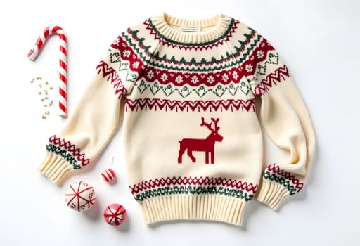 Classic white sweater featuring reindeer designs and festive Christmas ornaments, set against a white background, perfect for stylish holiday fashion