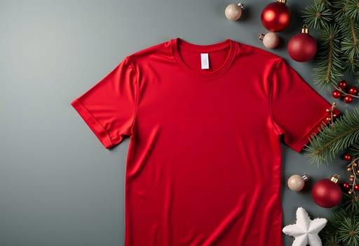 A vibrant red t-shirt paired with festive Christmas cards and ornaments, set against a sleek gray background, creating a cheerful holiday design