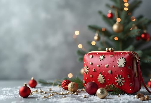 Elegant red clutch surrounded by festive Christmas ornaments, set against a sleek gray background, adding a stylish and cheerful touch to holiday fashion