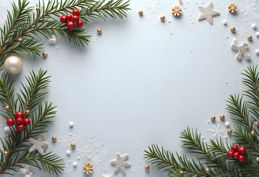 Elegant gray background bordered with festive Christmas ornaments, creating a stylish and cheerful frame perfect for holiday designs