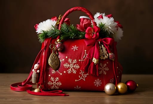 Festive red bag surrounded by Christmas ornaments, set against a sleek gray background, creating a stylish and cheerful holiday design