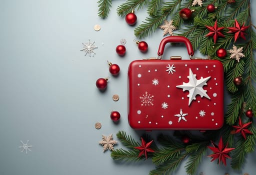Festive red bag filled with Christmas cards and holiday ornaments, set against a sleek gray background, perfect for seasonal celebrations