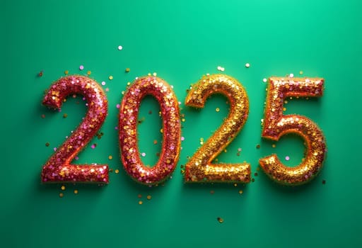 Shimmering numbers 2025 made of red and yellow glitter, set against a vibrant green background, creating a festive and eye-catching design