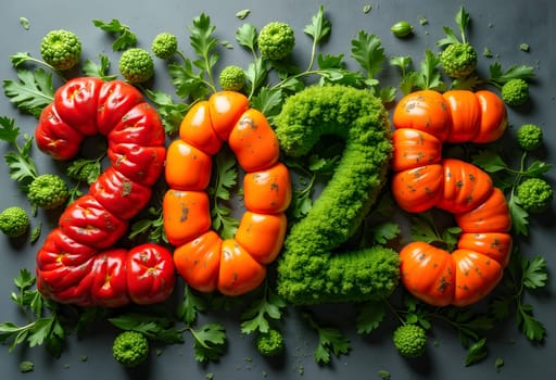 Vibrant numbers 2025 crafted from a variety of colorful vegetables, adding a fresh and healthy twist to new year celebrations