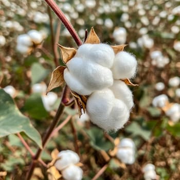Close-up of a cotton boll on a plant stem surrounded by a blurred background of a cotton field