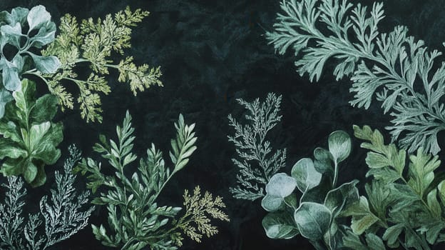 Detailed botanical drawing showcasing various algae on dark