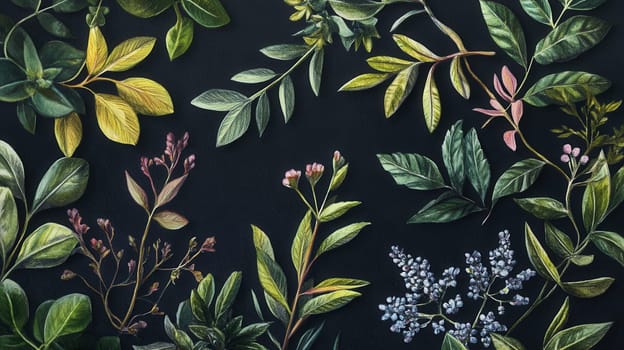 Detailed botanical watercolor illustration on dark background