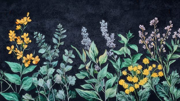 Detailed botanical watercolor illustration on dark background