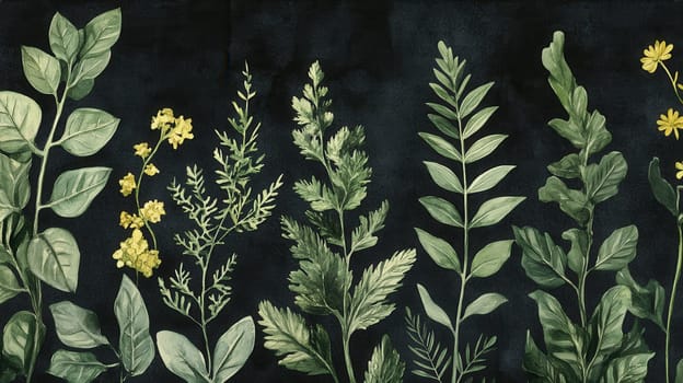 Detailed botanical watercolor illustration on dark