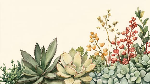 Detailed botanical watercolor showcasing succulents
