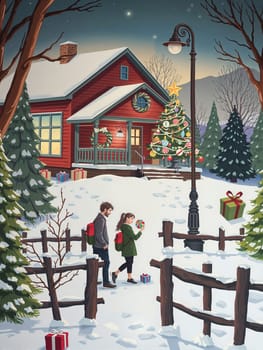 The image depicts a snowy winter scene with a red house in the background, a Christmas tree adorned with colorful ornaments, and a lamppost in front of the house. Two people, a man and a woman, are walking on a path in front of the house, carrying wrapped gifts. The scene is surrounded by snow-covered trees and mountains, creating a serene and peaceful atmosphere.