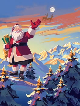 The image depicts a festive scene with a Santa Claus figure standing on a snowy mountain peak, holding a green gift box in his left hand and a red sack in his right hand. The background features a clear blue sky with a full moon, and a pair of reindeer can be seen in the distance. The mountains are adorned with snow-covered trees, and the colors in the image are vibrant and cheerful, creating a sense of joy and holiday spirit.