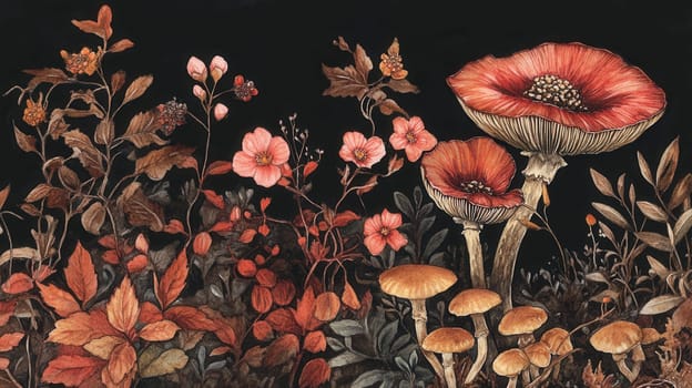 Detailed botanical illustration with plants and mushrooms