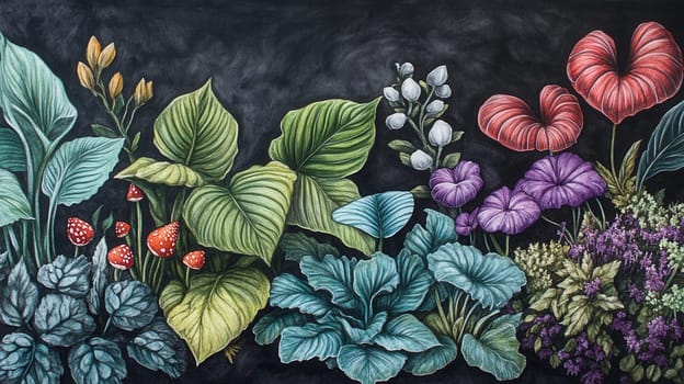 Detailed botanical illustration with plants and mushrooms