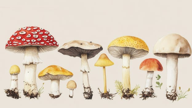 Botanical drawing showcasing different mushrooms