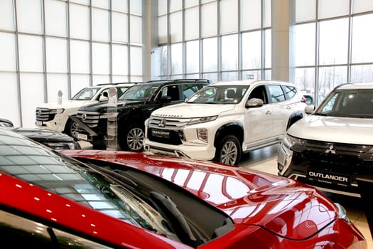 Kazan, Russia - November 25, 2022: Cars in showroom of dealership Toyota in Kazan in Russia