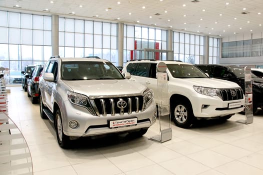 Kazan, Russia - November 25, 2022: Cars in showroom of dealership Toyota in Kazan in Russia