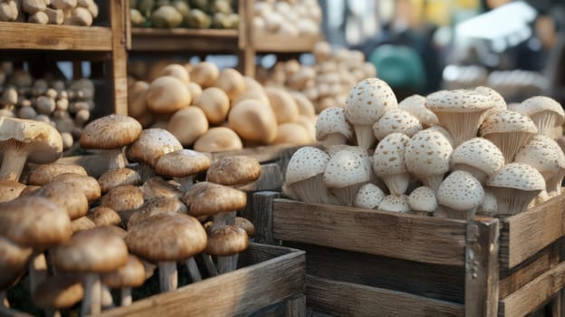 Farmers' market with mushrooms in containers