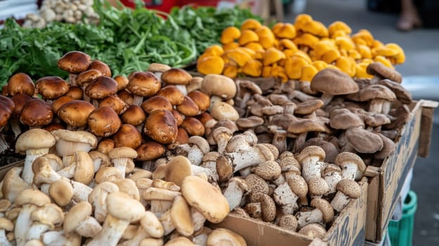 Farmers' market with mushrooms in containers