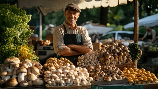 Farmers' market with mushrooms in containers