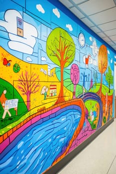 Colorful mural depicting a playful cityscape with a river flowing through it