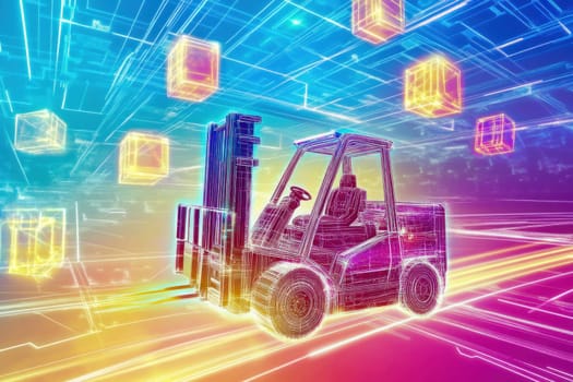 Digital image of a forklift truck moving through cyberspace with floating cubes, representing digital logistics and supply chain management
