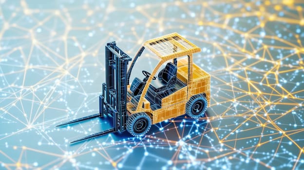 Wireframe forklift truck is standing on an abstract network, representing logistics and supply chain management