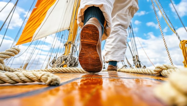 Sailor is walking on the varnished wooden deck of a classic yacht with rigging and sails