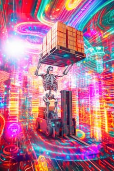 Skeleton is driving a forklift and carrying boxes in a metaverse warehouse