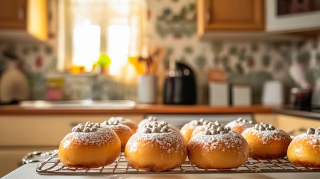 Freshly baked sweet buns cooling on a rack in a sunny kitchen