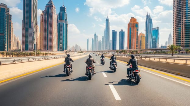 Group of friends riding their motorbikes on a highway in dubai with skyscrapers in the background