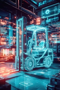 Hologram of a forklift truck being scanned showing data analysis in a warehouse
