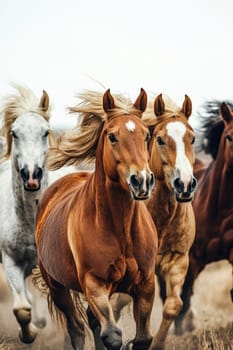 Herd of horses is running through a field, their manes flowing in the wind